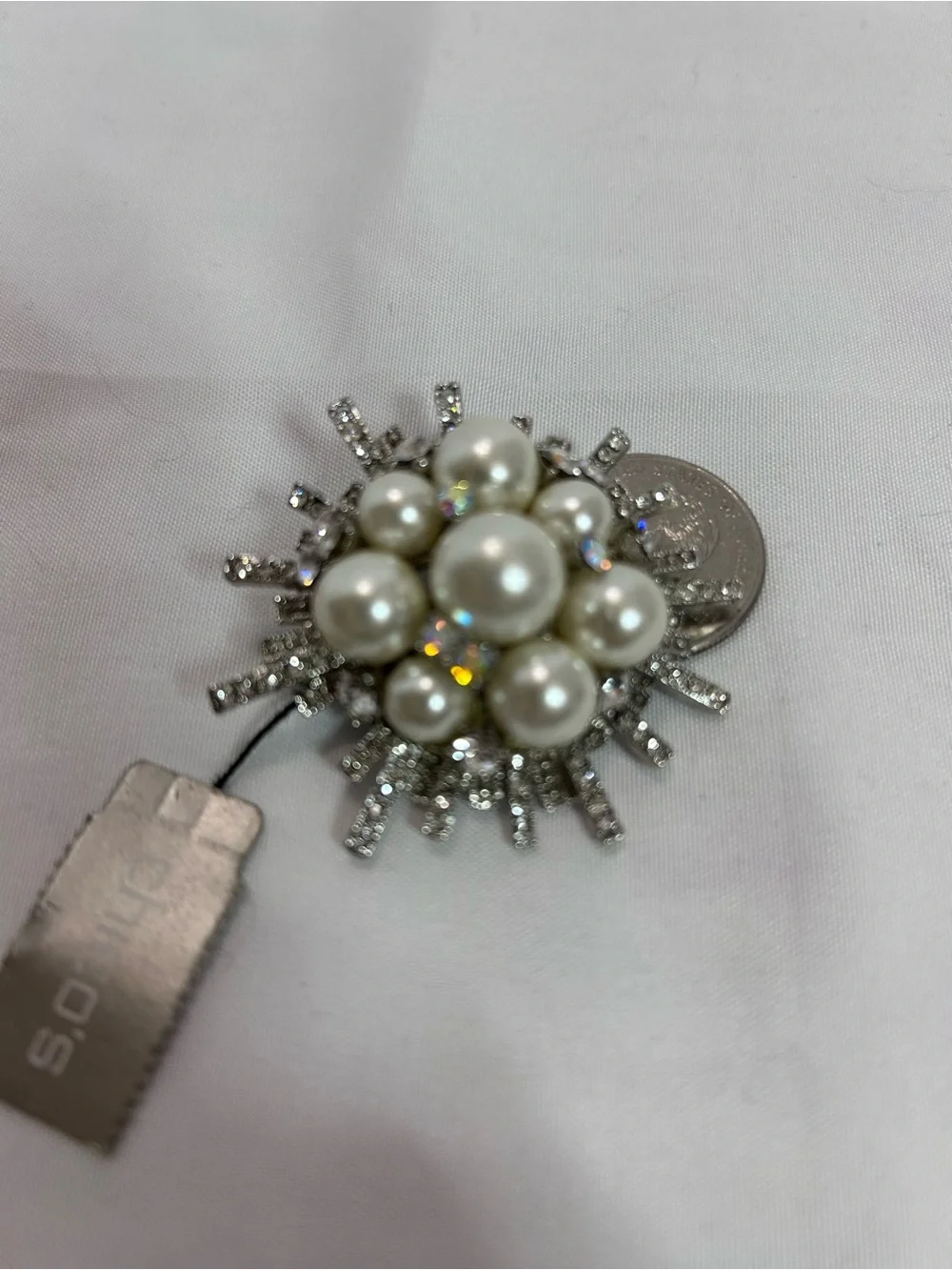Chico's Pearl & Crystal Sunburst Brooch - Ivory and Silver